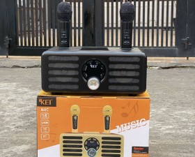 Loa karaoke bluetooth KEI K07 - Tặng kèm 2 micro không dây có màn hình LCD - Loa vỏ gỗ trầm ấm