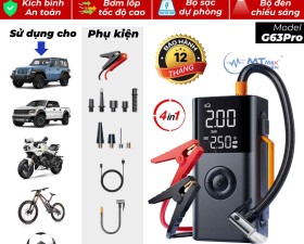 Bơm Lốp Kích Bình Ô Tô 4 Trong 1 G63Pro - Tích Hợp Sạc Và Đèn Pin Đa Năng Dung Lượng Pin 10000mAh