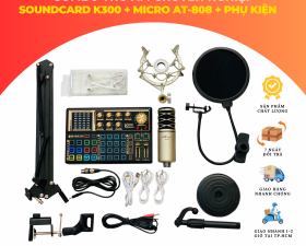 Combo Thu Âm, Livestream Chuyên Nghiệp Soundcard K300 - Micro AT-808 - Phụ Kiện