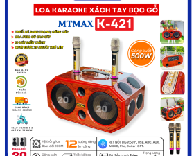 Loa Xách Tay  Full Gỗ MTMAX K421 Công Suất 500W Hệ Thống 12 Loa, Bass Đôi 20, Kèm 2 Micro Không Dây