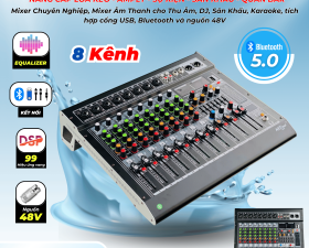 Mixer MTMAX MC8 chính hãng Chuyên Nghiệp 8 Đường Line, Chỉnh EQualizer 99 Hiệu Ứng